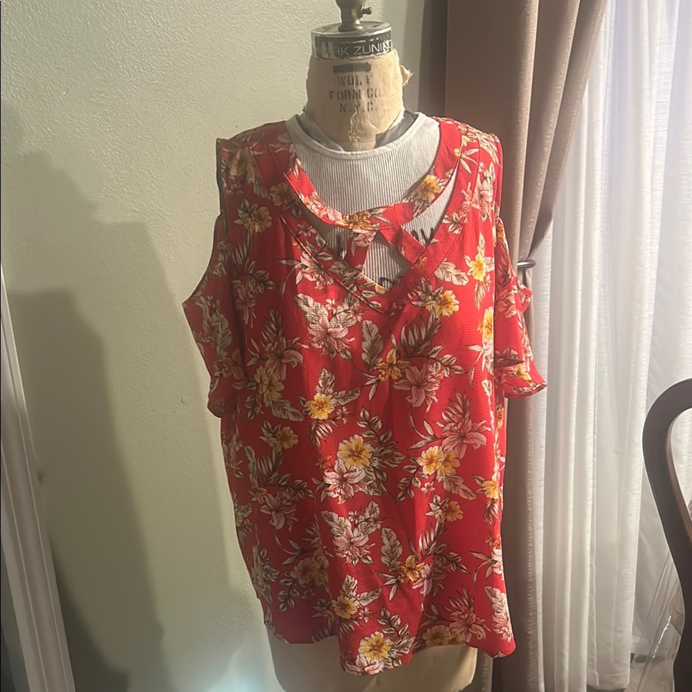 Orange and Red Sleeveless Blouse with Peter Pan Collar